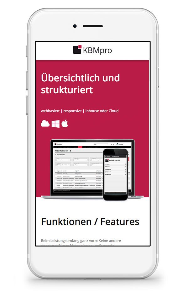 KBMpro Website Smartphone Funktionen